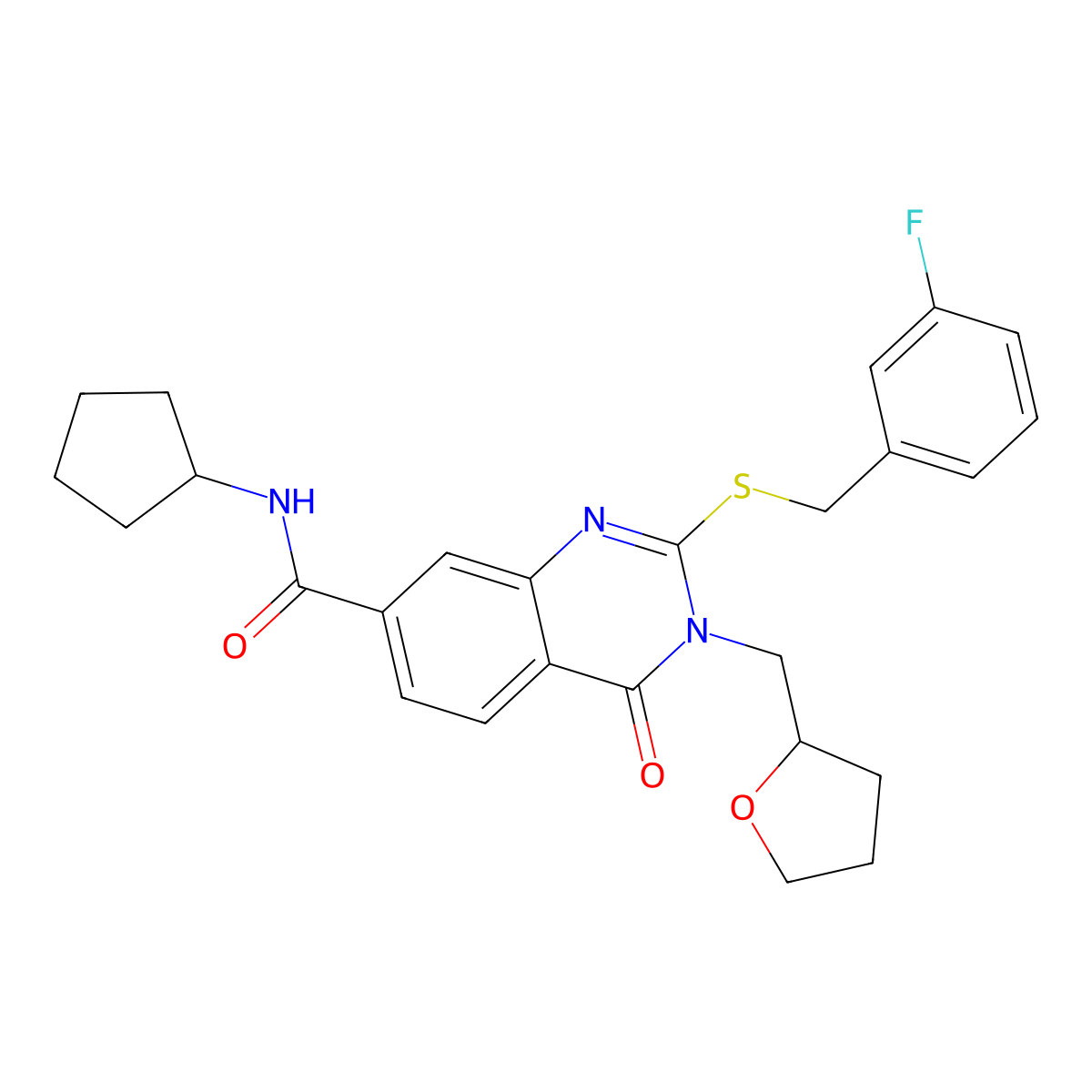 N-cyclopentyl-2-{[(3-fluorophenyl)methyl]sulfanyl}-4-oxo-3-[(oxolan-2-yl)methyl]-3,4-dihydroquinazoline-7-carboxamide molecular structure, CAS 2380183-14-0