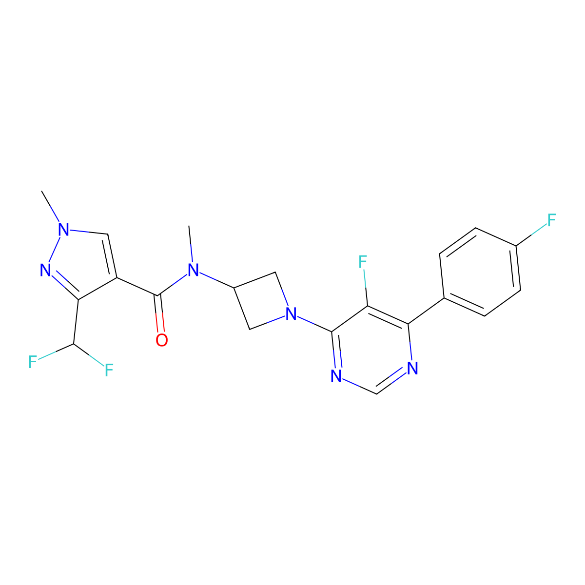 3-(difluoromethyl)-N-{1-[5-fluoro-6-(4-fluorophenyl)pyrimidin-4-yl]azetidin-3-yl}-N,1-dimethyl-1H-pyrazole-4-carboxamide molecular structure, CAS 2380183-19-5