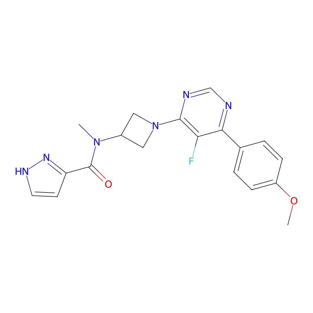N-{1-[5-fluoro-6-(4-methoxyphenyl)pyrimidin-4-yl]azetidin-3-yl}-N-methyl-1H-pyrazole-3-carboxamide molecular structure, CAS 2380183-37-7