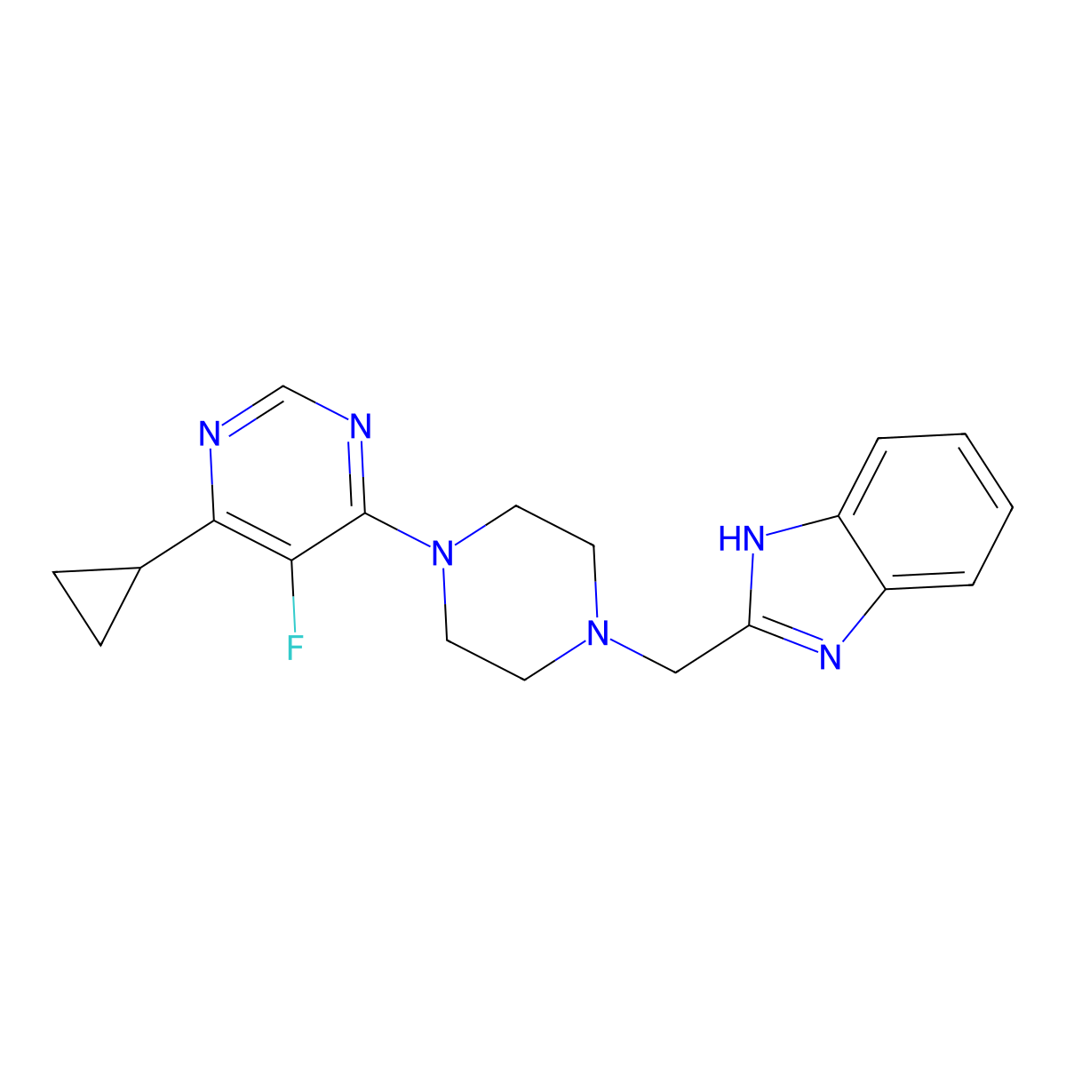 2-{[4-(6-cyclopropyl-5-fluoropyrimidin-4-yl)piperazin-1-yl]methyl}-1H-1,3-benzodiazole molecular structure, CAS 2380183-55-9