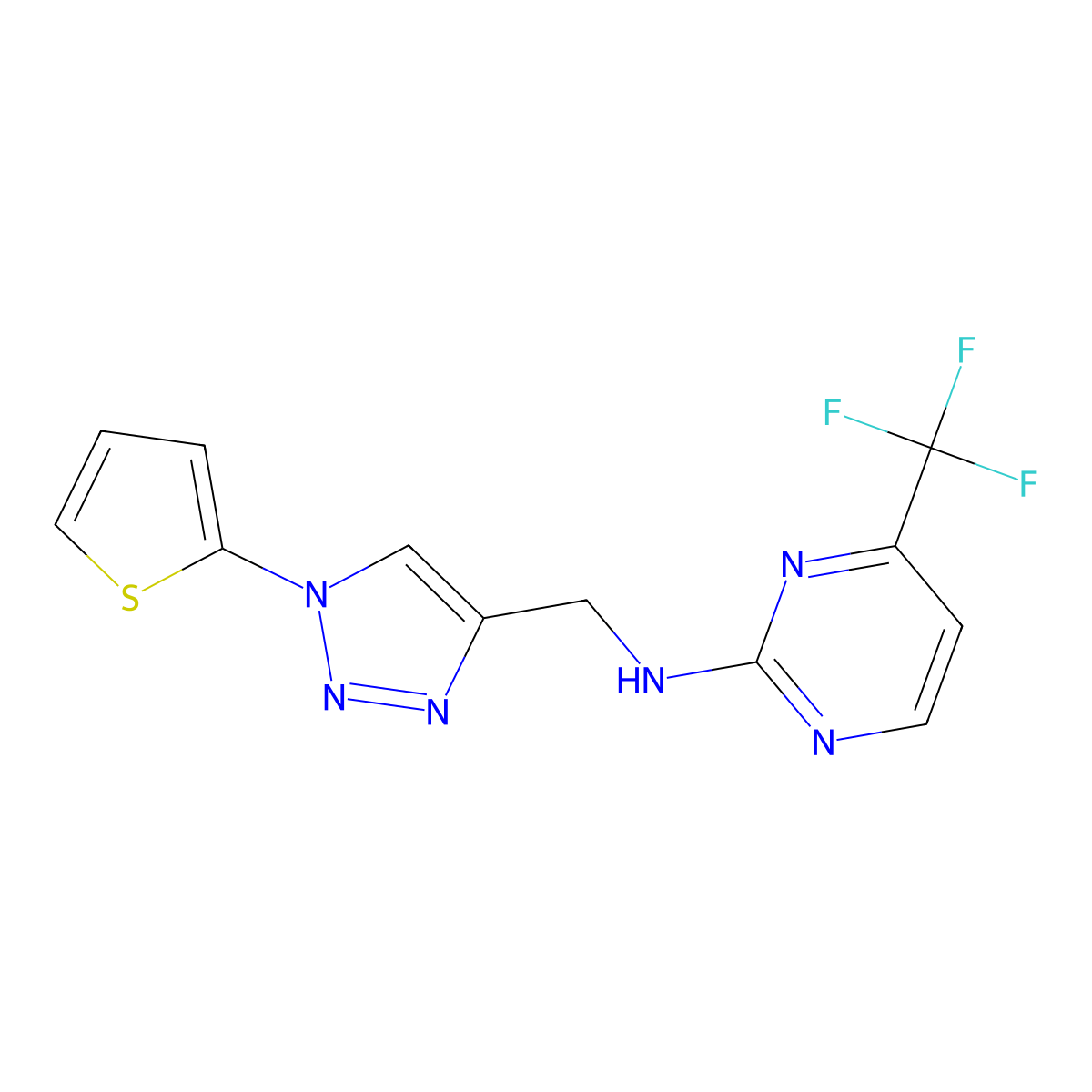 N-{[1-(thiophen-2-yl)-1H-1,2,3-triazol-4-yl]methyl}-4-(trifluoromethyl)pyrimidin-2-amine molecular structure, CAS 2380183-56-0
