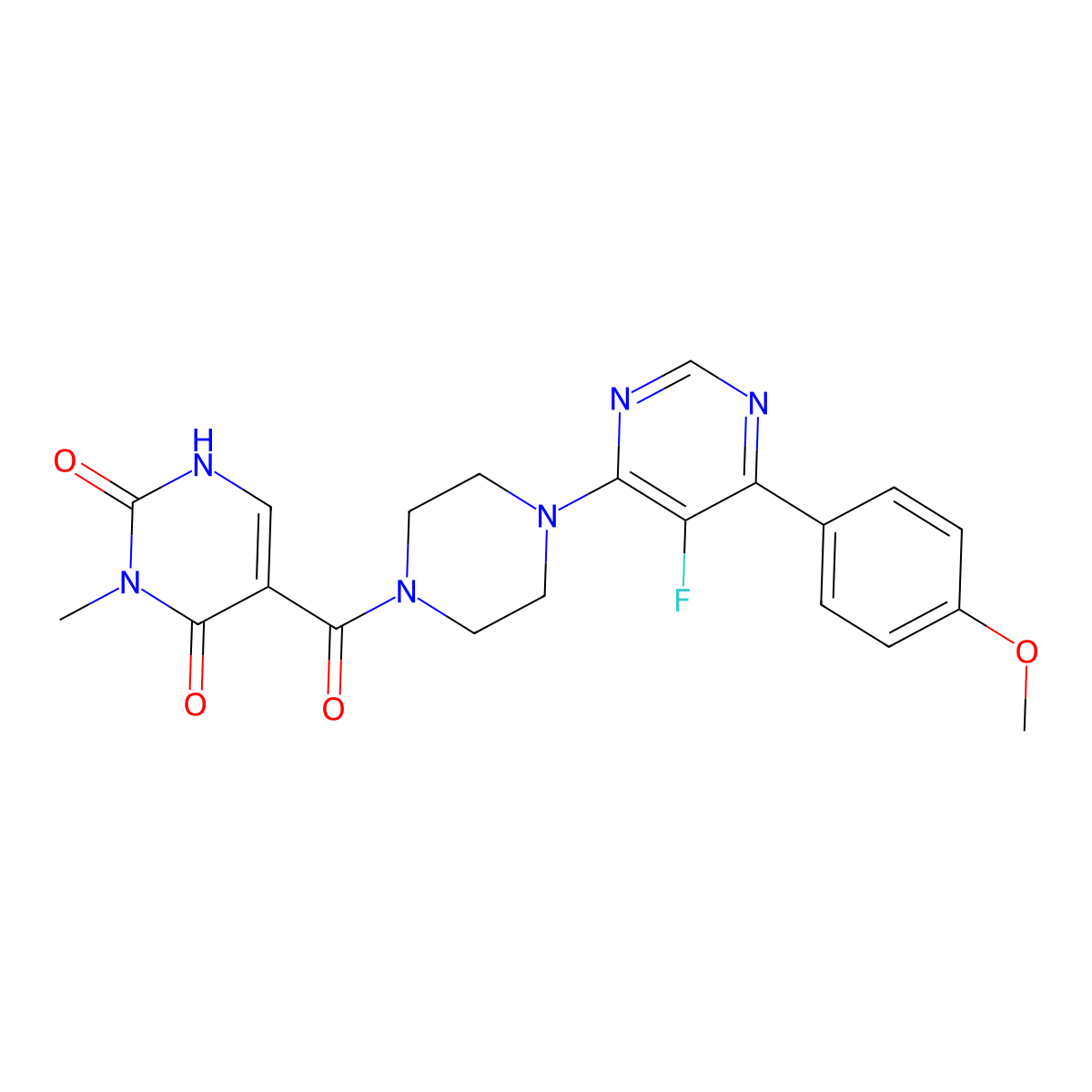 5-{4-[5-Fluoro-6-(4-methoxyphenyl)pyrimidin-4-yl]piperazine-1-carbonyl}-3-methyl-1,2,3,4-tetrahydropyrimidine-2,4-dione molecular structure, CAS 2380183-57-1