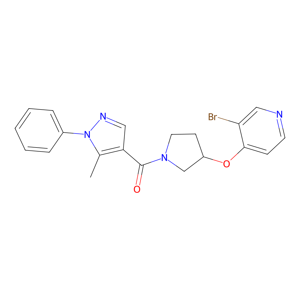 3-bromo-4-{[1-(5-methyl-1-phenyl-1H-pyrazole-4-carbonyl)pyrrolidin-3-yl]oxy}pyridine molecular structure, CAS 2380183-61-7