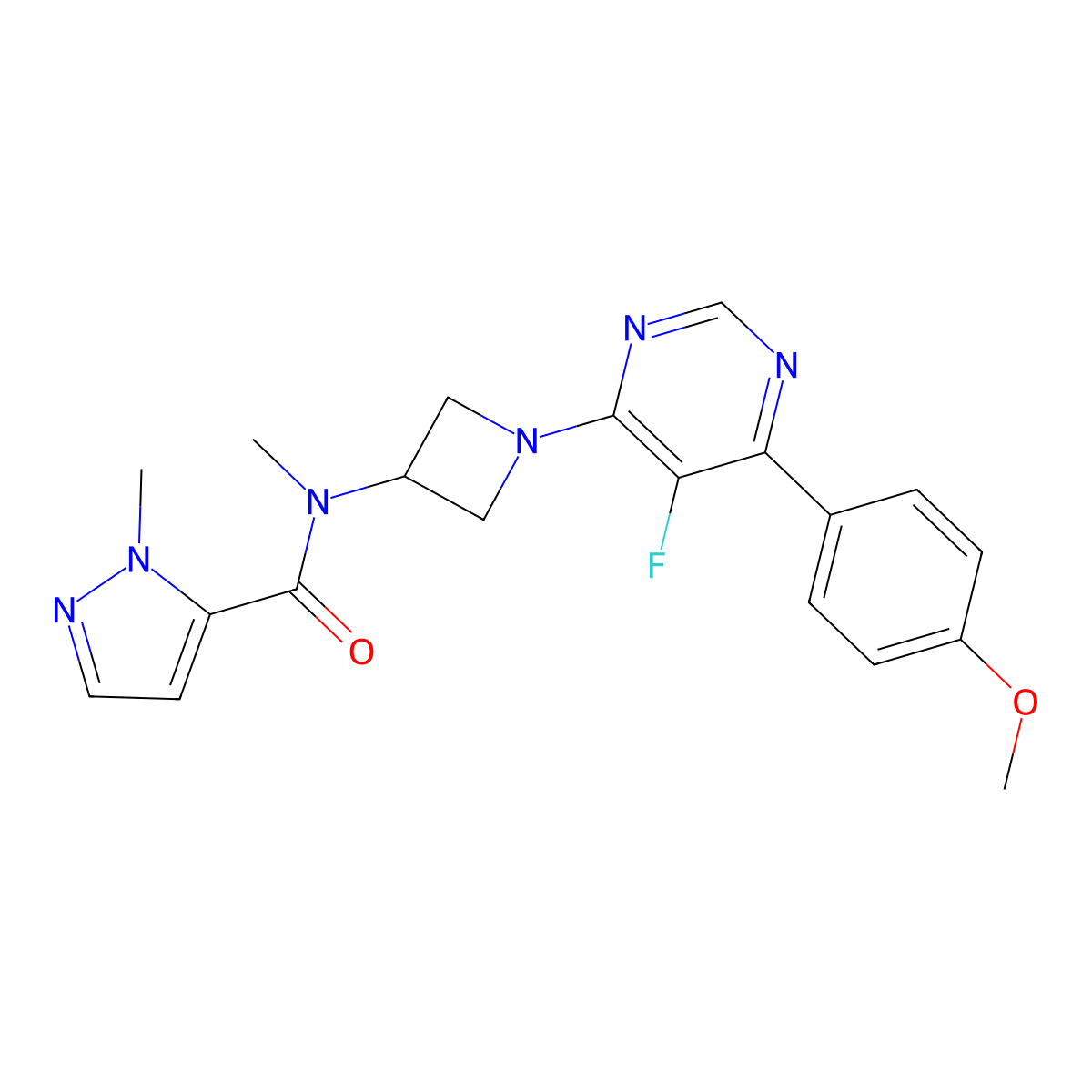 N-{1-[5-fluoro-6-(4-methoxyphenyl)pyrimidin-4-yl]azetidin-3-yl}-N,1-dimethyl-1H-pyrazole-5-carboxamide molecular structure, CAS 2380183-66-2
