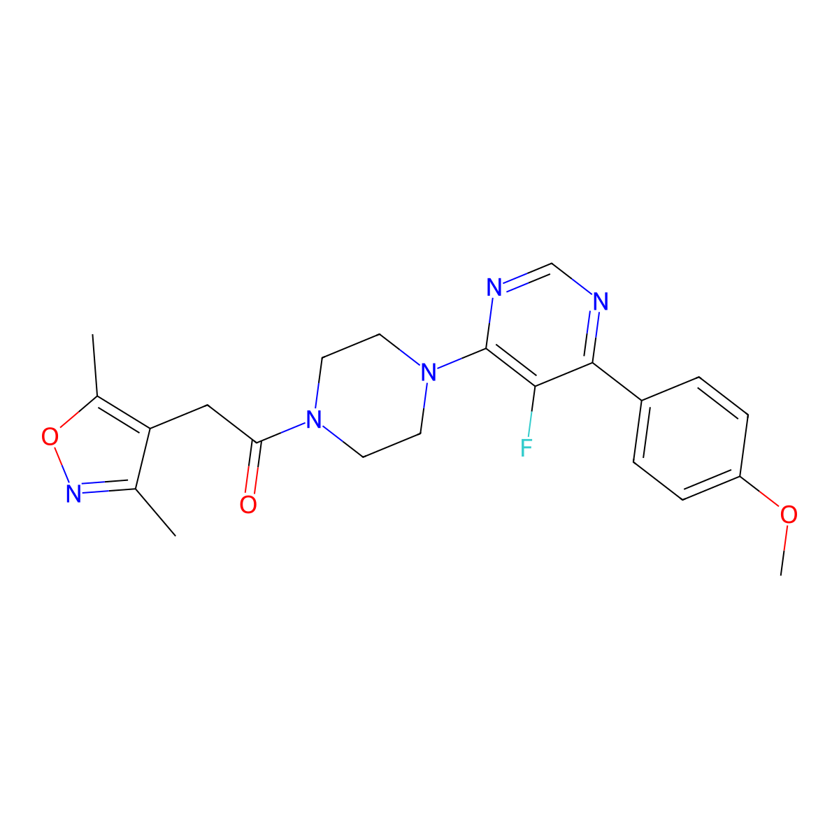 2-(3,5-Dimethyl-1,2-oxazol-4-yl)-1-{4-[5-fluoro-6-(4-methoxyphenyl)pyrimidin-4-yl]piperazin-1-yl}ethan-1-one molecular structure, CAS 2380183-68-4