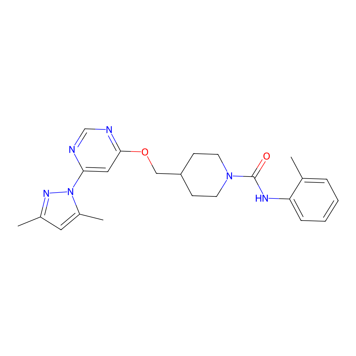 4-({[6-(3,5-dimethyl-1H-pyrazol-1-yl)pyrimidin-4-yl]oxy}methyl)-N-(2-methylphenyl)piperidine-1-carboxamide molecular structure, CAS 2380183-72-0