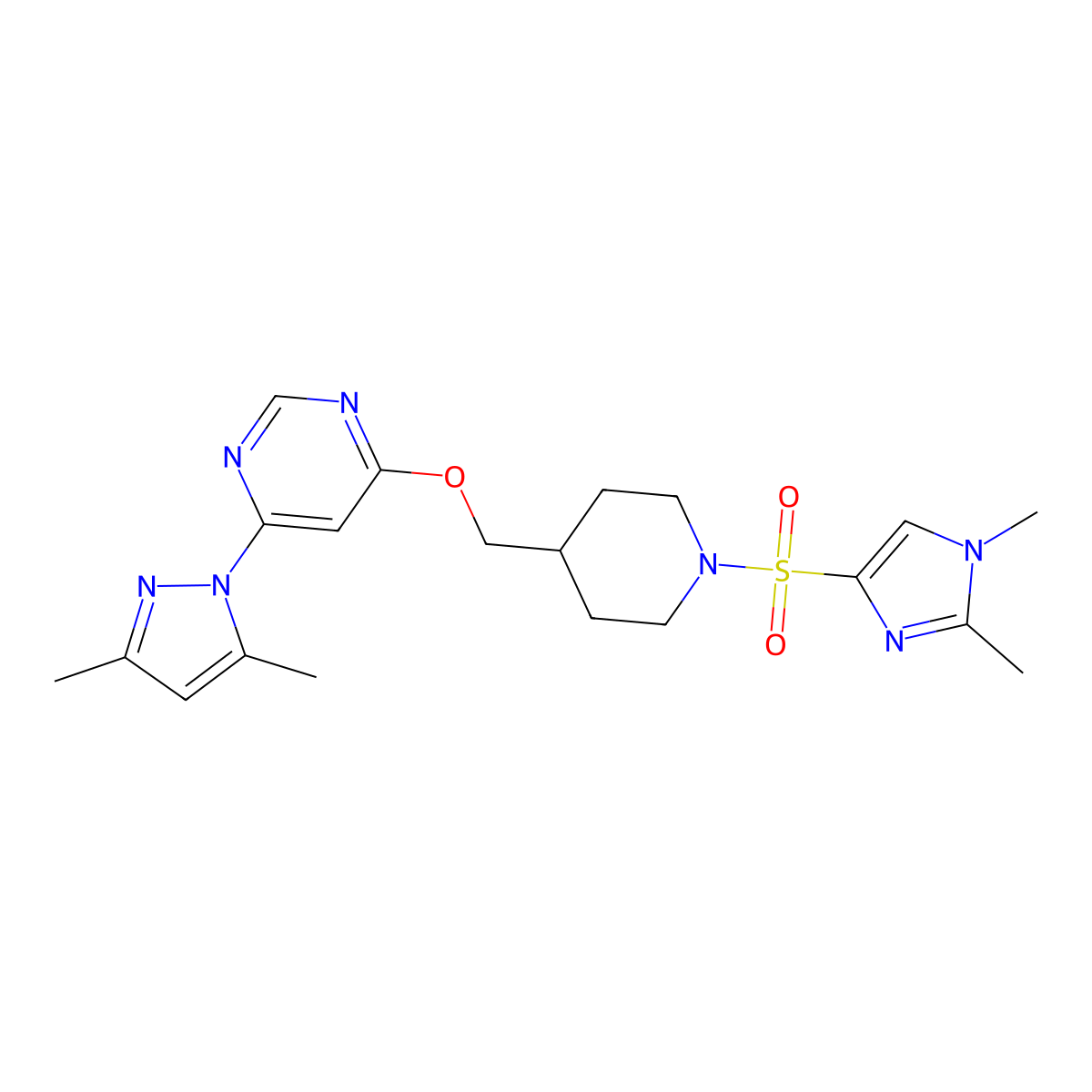 4-({1-[(1,2-dimethyl-1H-imidazol-4-yl)sulfonyl]piperidin-4-yl}methoxy)-6-(3,5-dimethyl-1H-pyrazol-1-yl)pyrimidine molecular structure, CAS 2380183-83-3