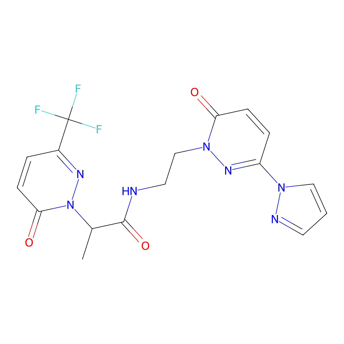 N-{2-[6-oxo-3-(1H-pyrazol-1-yl)-1,6-dihydropyridazin-1-yl]ethyl}-2-[6-oxo-3-(trifluoromethyl)-1,6-dihydropyridazin-1-yl]propanamide molecular structure, CAS 2380183-84-4