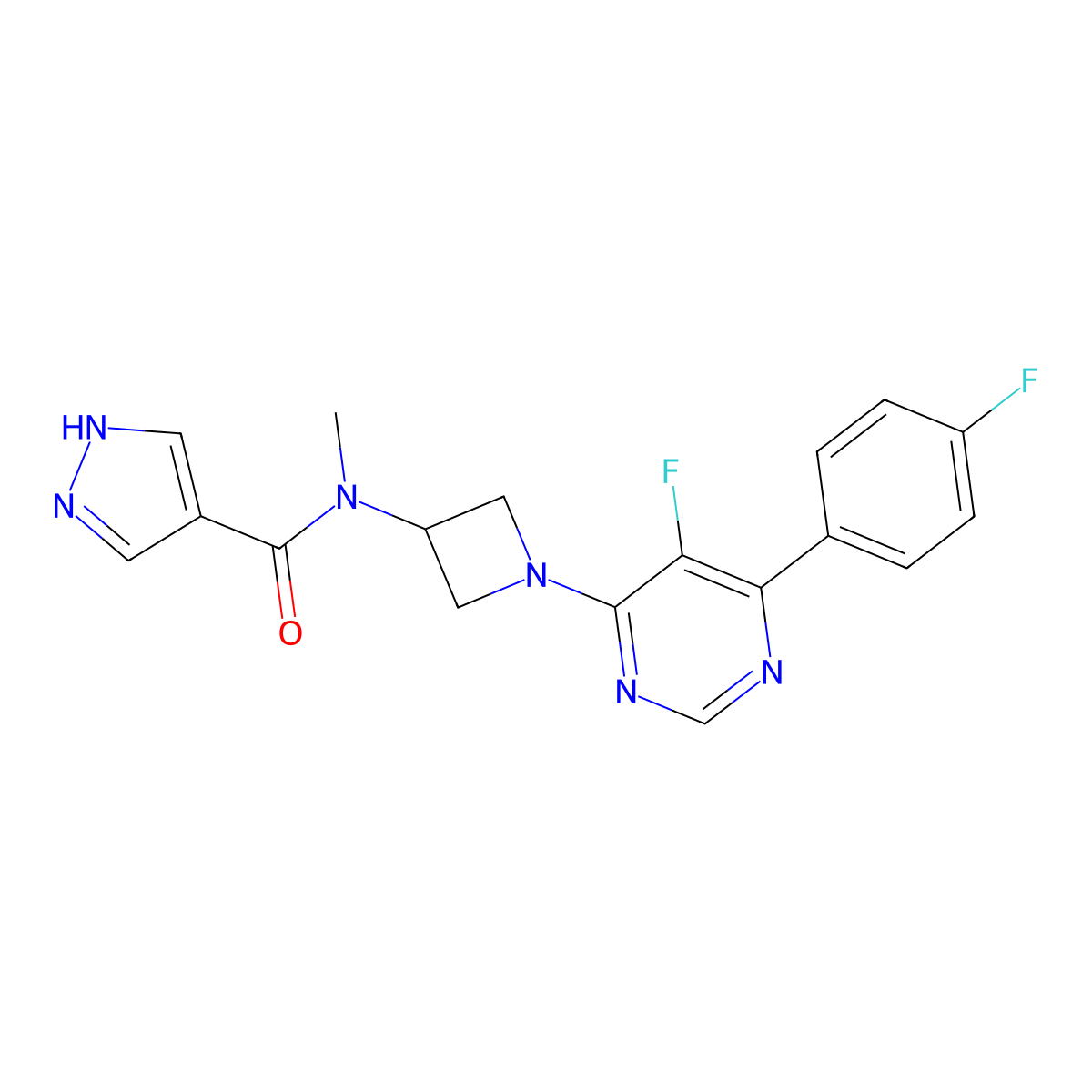 N-{1-[5-fluoro-6-(4-fluorophenyl)pyrimidin-4-yl]azetidin-3-yl}-N-methyl-1H-pyrazole-4-carboxamide molecular structure, CAS 2380183-92-4