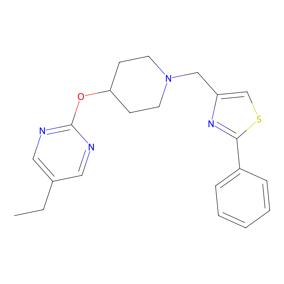 5-Ethyl-2-({1-[(2-phenyl-1,3-thiazol-4-yl)methyl]piperidin-4-yl}oxy)pyrimidine molecular structure, CAS 2380184-03-0