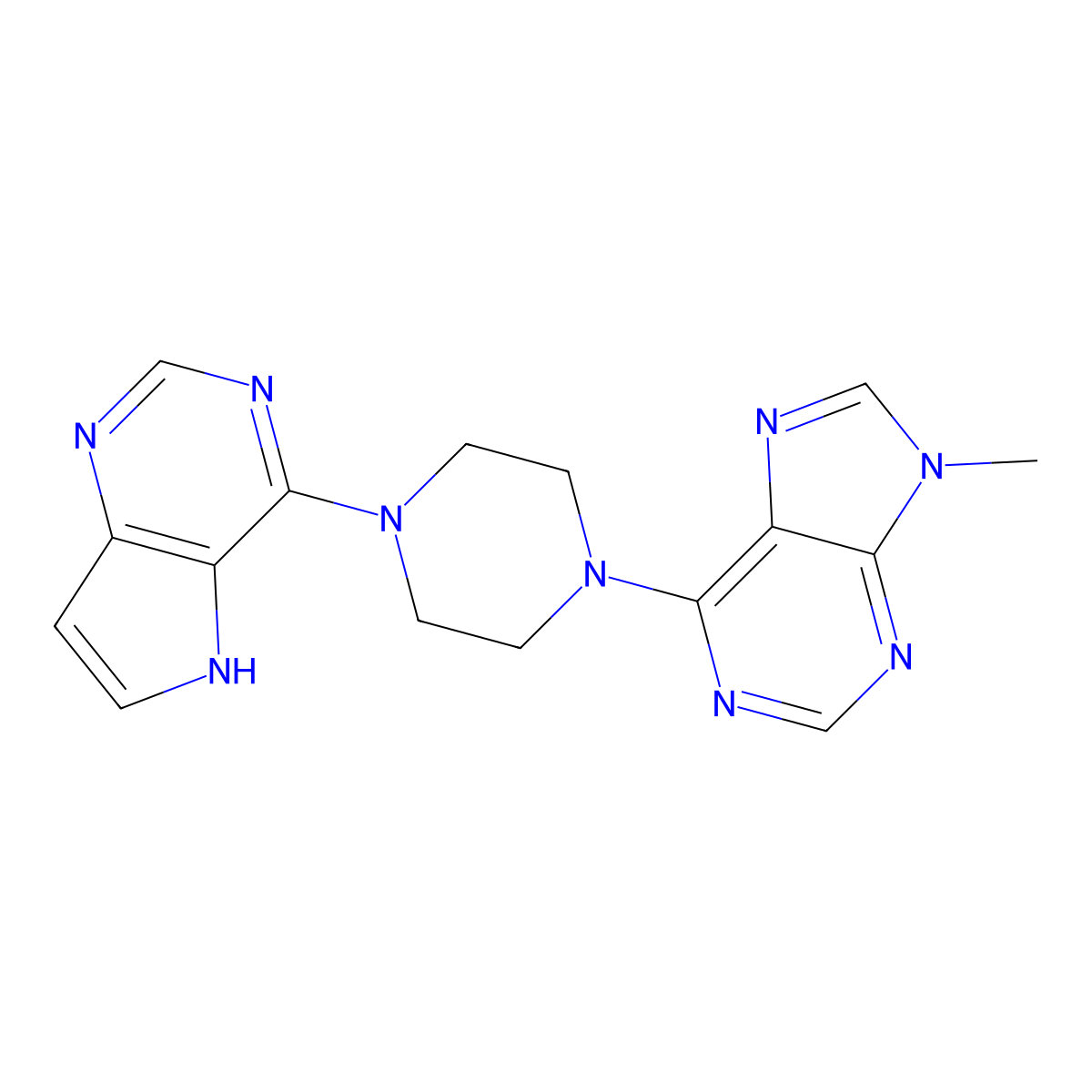 9-methyl-6-(4-{5H-pyrrolo[3,2-d]pyrimidin-4-yl}piperazin-1-yl)-9H-purine molecular structure, CAS 2380184-11-0