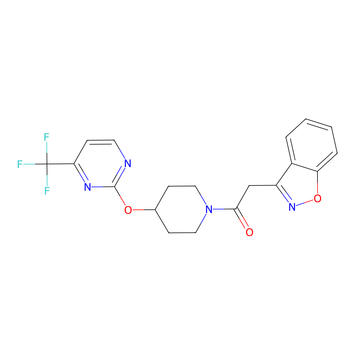2-(1,2-Benzoxazol-3-yl)-1-(4-{[4-(trifluoromethyl)pyrimidin-2-yl]oxy}piperidin-1-yl)ethan-1-one molecular structure, CAS 2380184-21-2