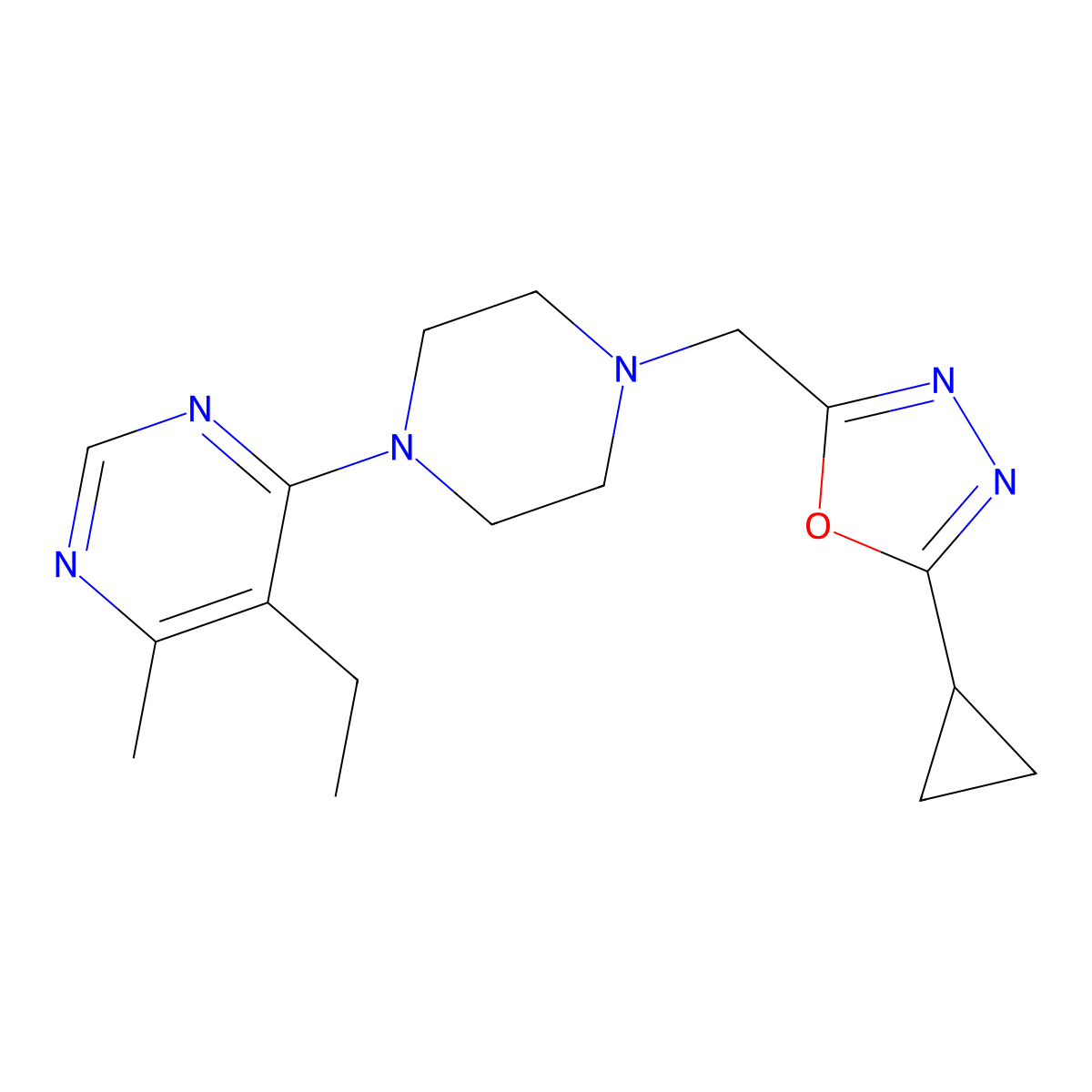 4-{4-[(5-Cyclopropyl-1,3,4-oxadiazol-2-yl)methyl]piperazin-1-yl}-5-ethyl-6-methylpyrimidine molecular structure, CAS 2380184-25-6