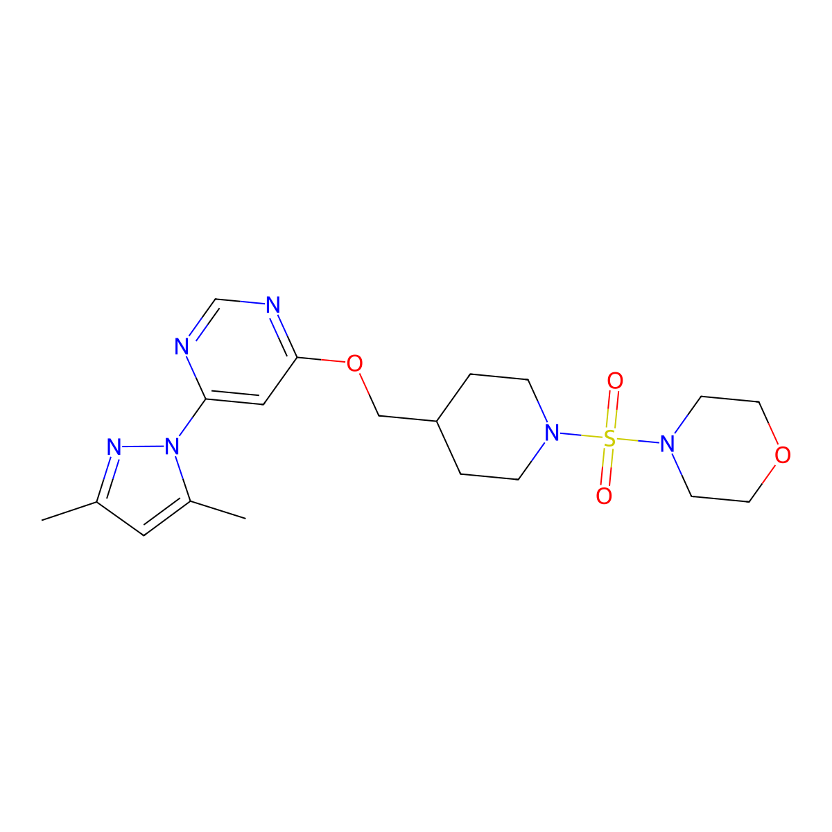 4-{[4-({[6-(3,5-dimethyl-1H-pyrazol-1-yl)pyrimidin-4-yl]oxy}methyl)piperidin-1-yl]sulfonyl}morpholine molecular structure, CAS 2380184-36-9