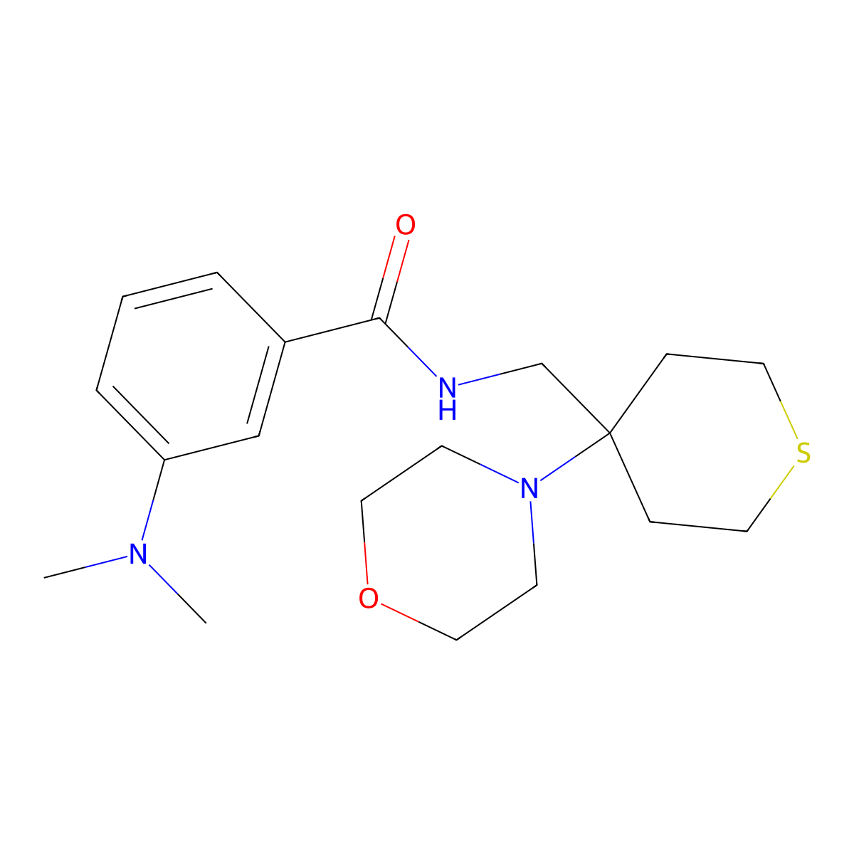 3-(dimethylamino)-N-{[4-(morpholin-4-yl)thian-4-yl]methyl}benzamide molecular structure, CAS 2380184-39-2