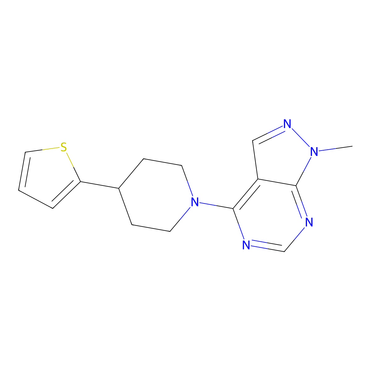 1-{1-methyl-1H-pyrazolo[3,4-d]pyrimidin-4-yl}-4-(thiophen-2-yl)piperidine molecular structure, CAS 2380184-52-9