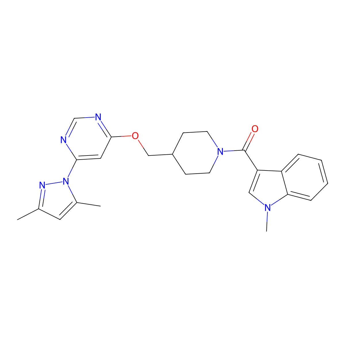3-[4-({[6-(3,5-dimethyl-1H-pyrazol-1-yl)pyrimidin-4-yl]oxy}methyl)piperidine-1-carbonyl]-1-methyl-1H-indole molecular structure, CAS 2380184-55-2