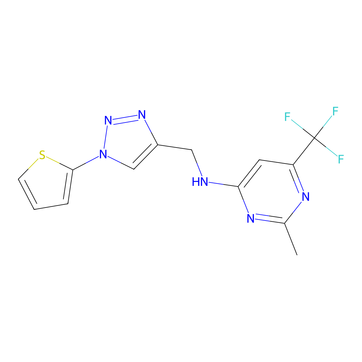 2-methyl-N-{[1-(thiophen-2-yl)-1H-1,2,3-triazol-4-yl]methyl}-6-(trifluoromethyl)pyrimidin-4-amine molecular structure, CAS 2380184-68-7