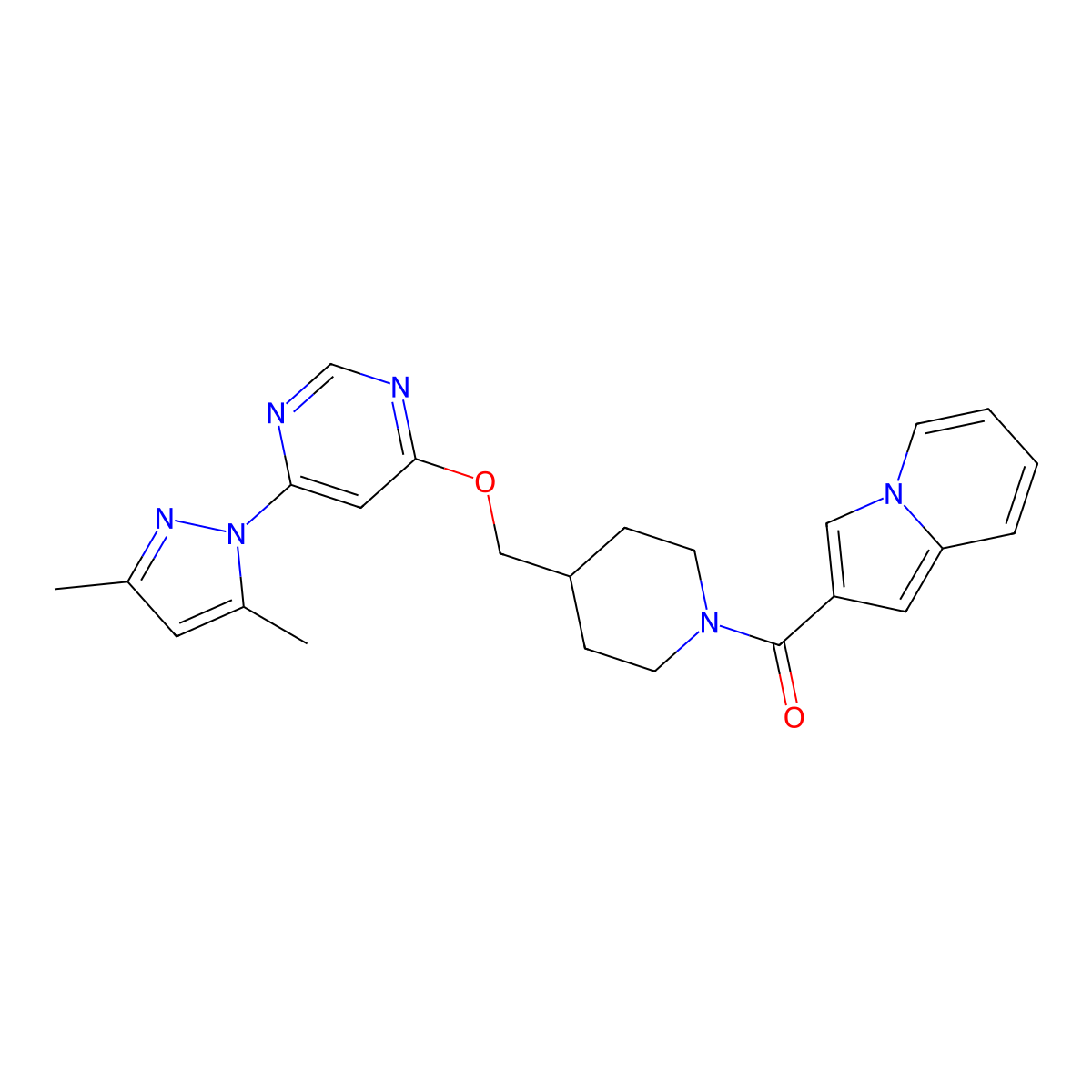 2-[4-({[6-(3,5-dimethyl-1H-pyrazol-1-yl)pyrimidin-4-yl]oxy}methyl)piperidine-1-carbonyl]indolizine molecular structure, CAS 2380184-70-1