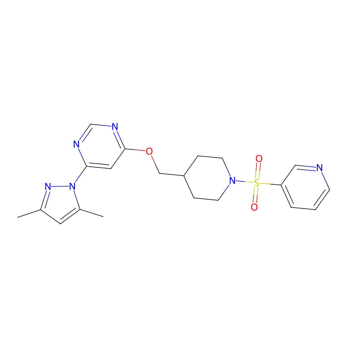 4-(3,5-dimethyl-1H-pyrazol-1-yl)-6-{[1-(pyridine-3-sulfonyl)piperidin-4-yl]methoxy}pyrimidine molecular structure, CAS 2380184-78-9