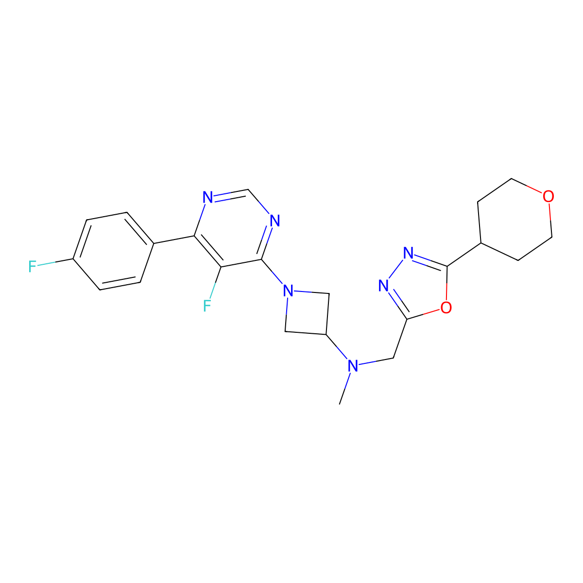 1-[5-fluoro-6-(4-fluorophenyl)pyrimidin-4-yl]-N-methyl-N-{[5-(oxan-4-yl)-1,3,4-oxadiazol-2-yl]methyl}azetidin-3-amine molecular structure, CAS 2380184-89-2