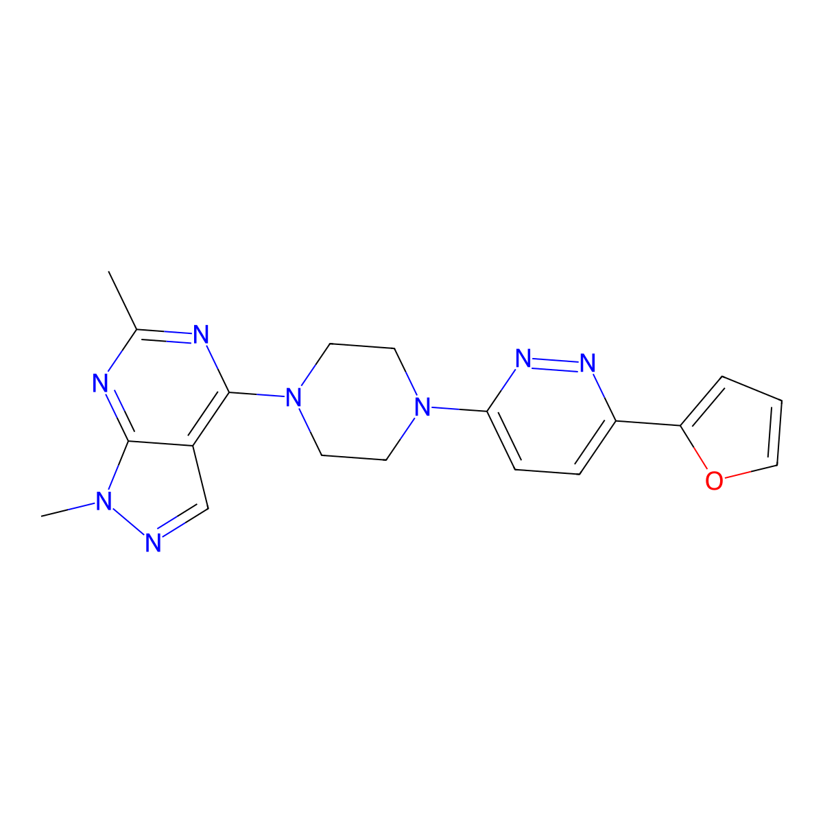 3-(4-{1,6-dimethyl-1H-pyrazolo[3,4-d]pyrimidin-4-yl}piperazin-1-yl)-6-(furan-2-yl)pyridazine molecular structure, CAS 2380184-94-9