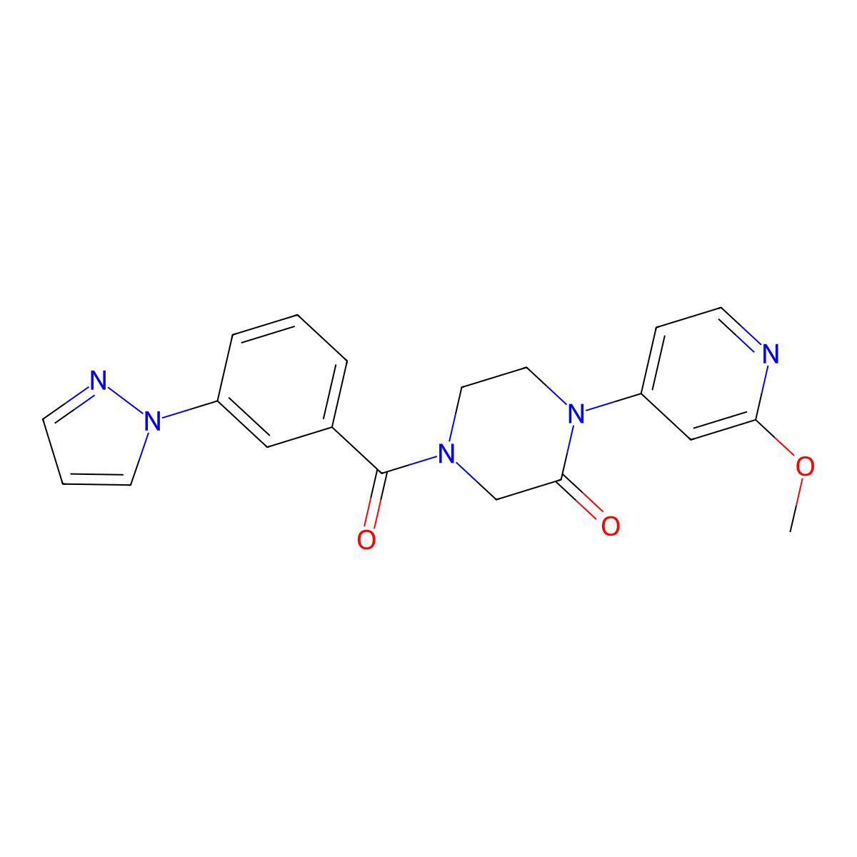 1-(2-methoxypyridin-4-yl)-4-[3-(1H-pyrazol-1-yl)benzoyl]piperazin-2-one molecular structure, CAS 2380185-06-6