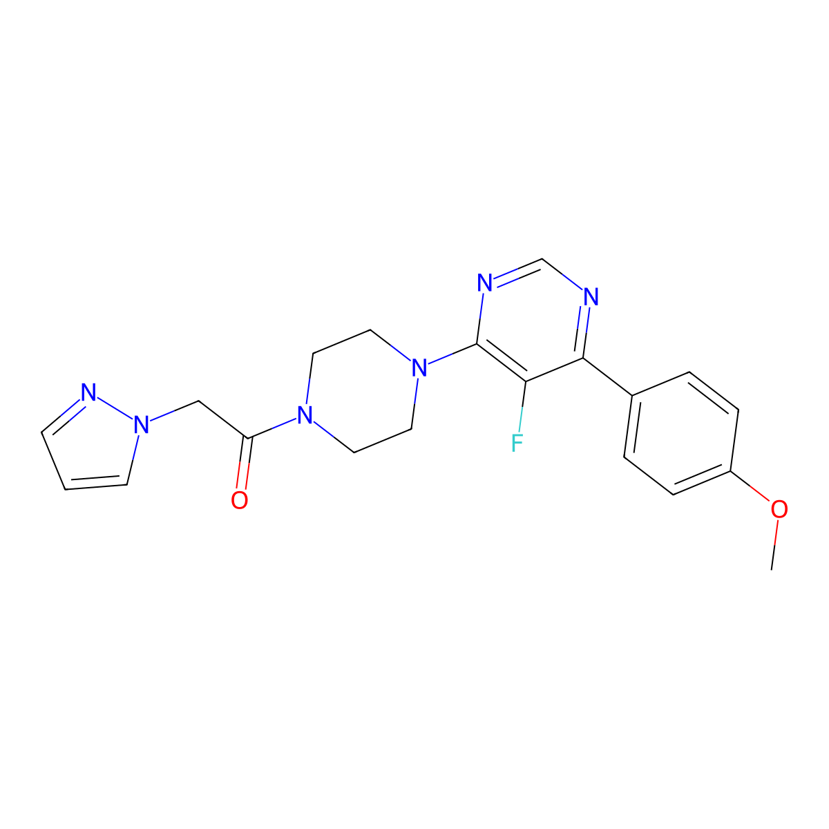 1-{4-[5-fluoro-6-(4-methoxyphenyl)pyrimidin-4-yl]piperazin-1-yl}-2-(1H-pyrazol-1-yl)ethan-1-one molecular structure, CAS 2380185-16-8