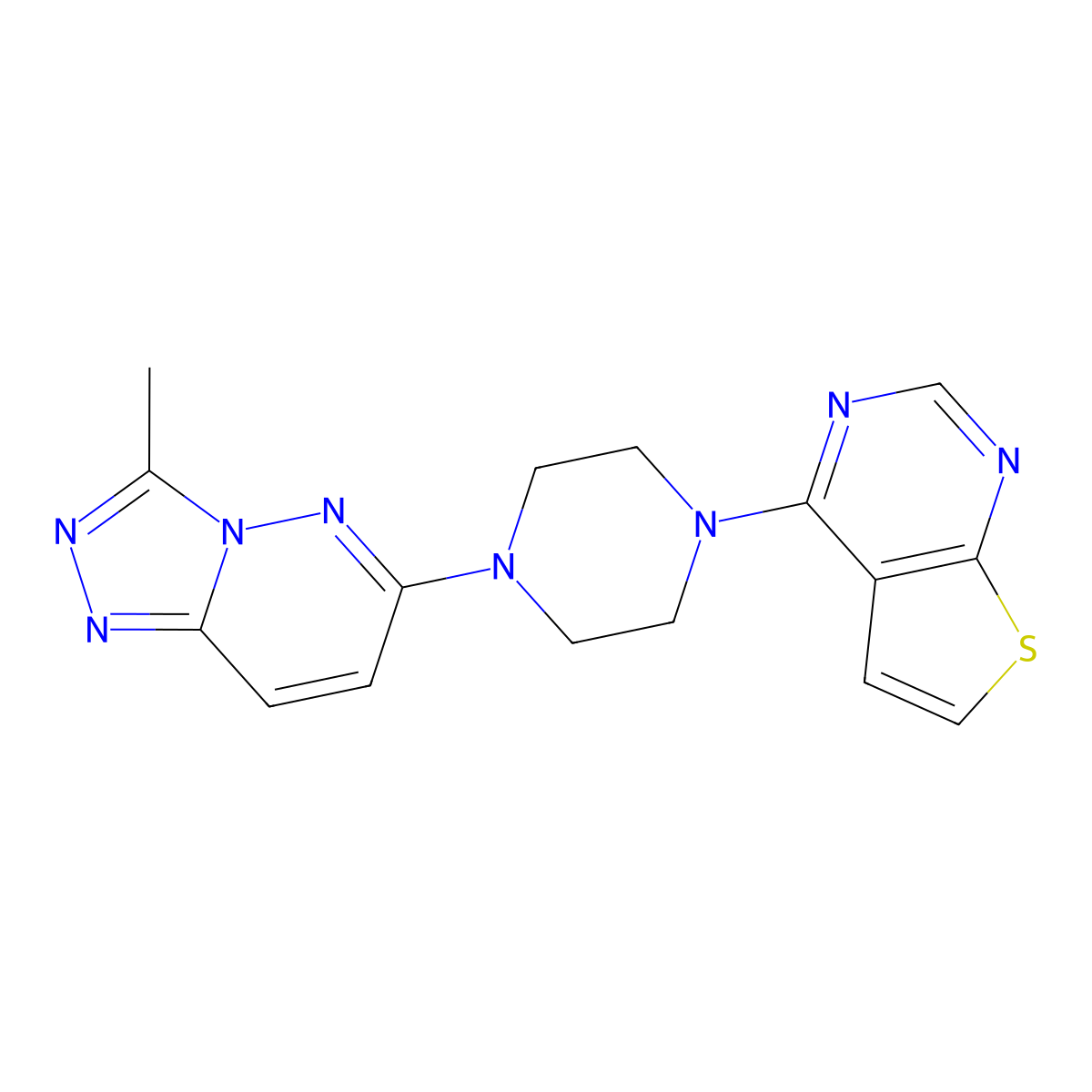 1-{3-Methyl-[1,2,4]triazolo[4,3-b]pyridazin-6-yl}-4-{thieno[2,3-d]pyrimidin-4-yl}piperazine molecular structure, CAS 2380185-31-7