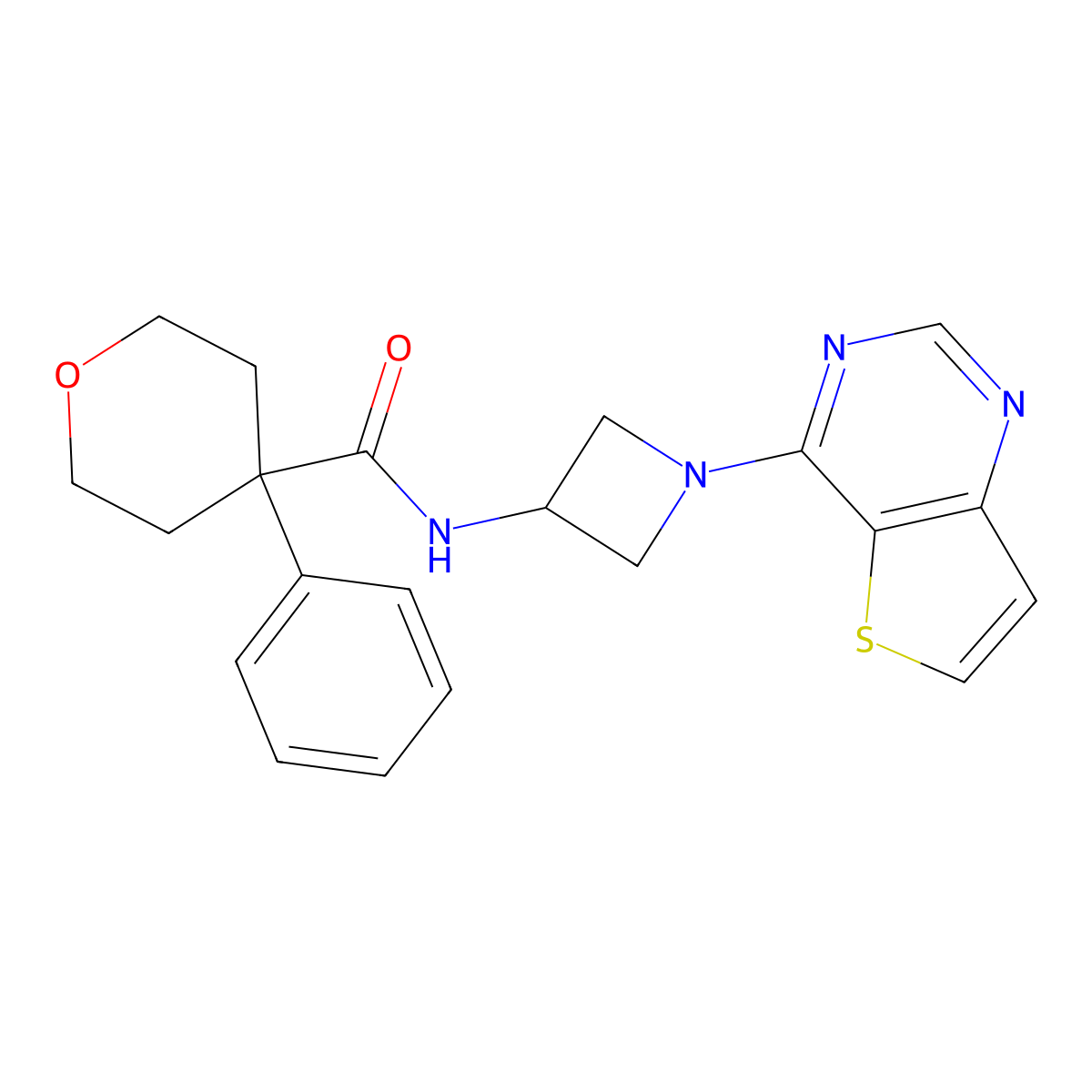 4-phenyl-N-(1-{thieno[3,2-d]pyrimidin-4-yl}azetidin-3-yl)oxane-4-carboxamide molecular structure, CAS 2380185-36-2