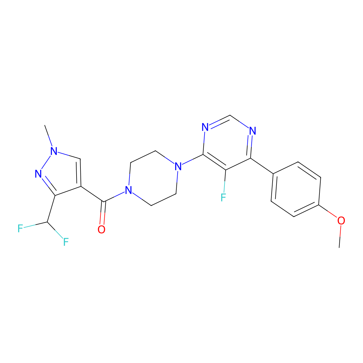 4-{4-[3-(difluoromethyl)-1-methyl-1H-pyrazole-4-carbonyl]piperazin-1-yl}-5-fluoro-6-(4-methoxyphenyl)pyrimidine molecular structure, CAS 2380185-47-5