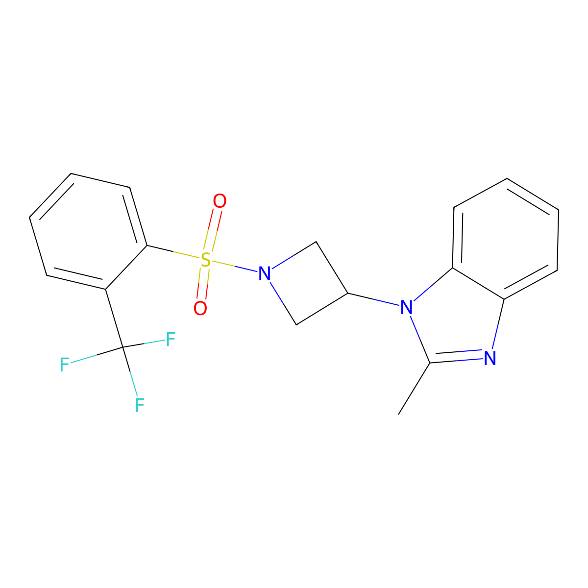 2-methyl-1-{1-[2-(trifluoromethyl)benzenesulfonyl]azetidin-3-yl}-1H-1,3-benzodiazole molecular structure, CAS 2380185-56-6