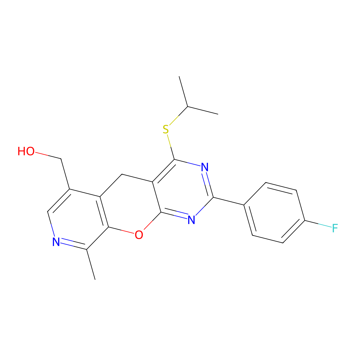 [5-(4-Fluorophenyl)-14-methyl-7-(propan-2-ylsulfanyl)-2-oxa-4,6,13-triazatricyclo[8.4.0.0^{3,8}]tetradeca-1(14),3(8),4,6,10,12-hexaen-11-yl]methanol molecular structure, CAS 2380185-63-5