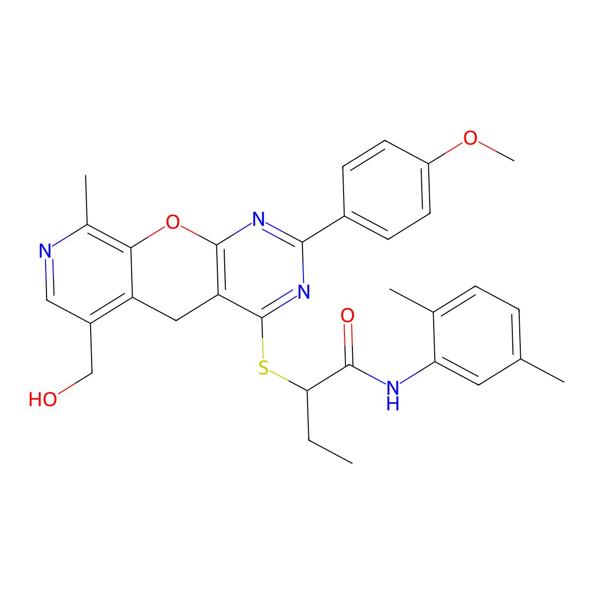 N-(2,5-dimethylphenyl)-2-{[11-(hydroxymethyl)-5-(4-methoxyphenyl)-14-methyl-2-oxa-4,6,13-triazatricyclo[8.4.0.0^{3,8}]tetradeca-1(10),3(8),4,6,11,13-hexaen-7-yl]sulfanyl}butanamide molecular structure, CAS 2380185-71-5