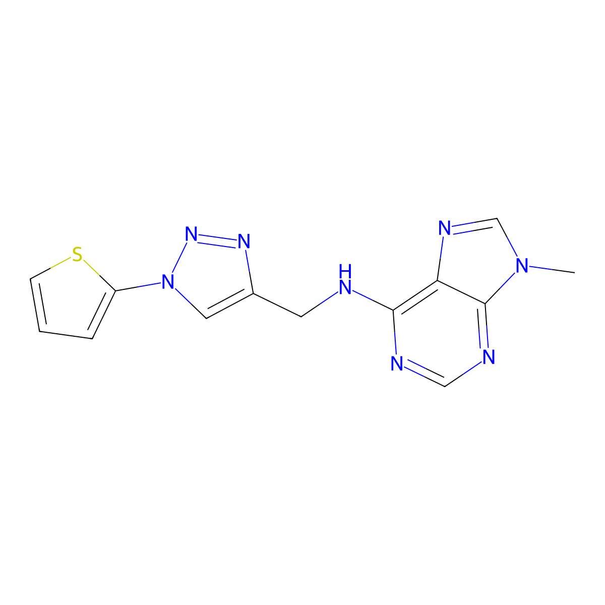 9-methyl-N-{[1-(thiophen-2-yl)-1H-1,2,3-triazol-4-yl]methyl}-9H-purin-6-amine molecular structure, CAS 2380185-80-6