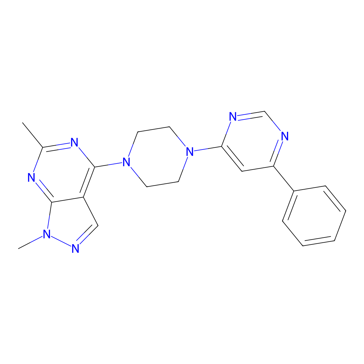 4-(4-{1,6-dimethyl-1H-pyrazolo[3,4-d]pyrimidin-4-yl}piperazin-1-yl)-6-phenylpyrimidine molecular structure, CAS 2380186-04-7