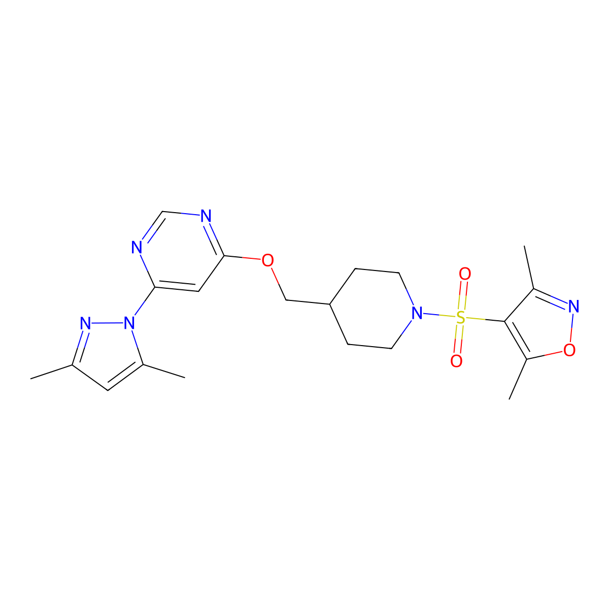 4-({1-[(3,5-dimethyl-1,2-oxazol-4-yl)sulfonyl]piperidin-4-yl}methoxy)-6-(3,5-dimethyl-1H-pyrazol-1-yl)pyrimidine molecular structure, CAS 2380186-06-9