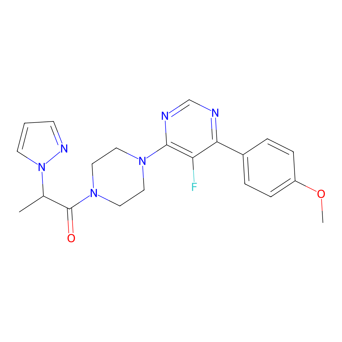 1-{4-[5-fluoro-6-(4-methoxyphenyl)pyrimidin-4-yl]piperazin-1-yl}-2-(1H-pyrazol-1-yl)propan-1-one molecular structure, CAS 2380186-20-7