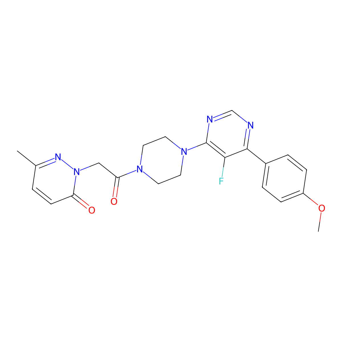 2-(2-{4-[5-Fluoro-6-(4-methoxyphenyl)pyrimidin-4-yl]piperazin-1-yl}-2-oxoethyl)-6-methyl-2,3-dihydropyridazin-3-one molecular structure, CAS 2380186-26-3