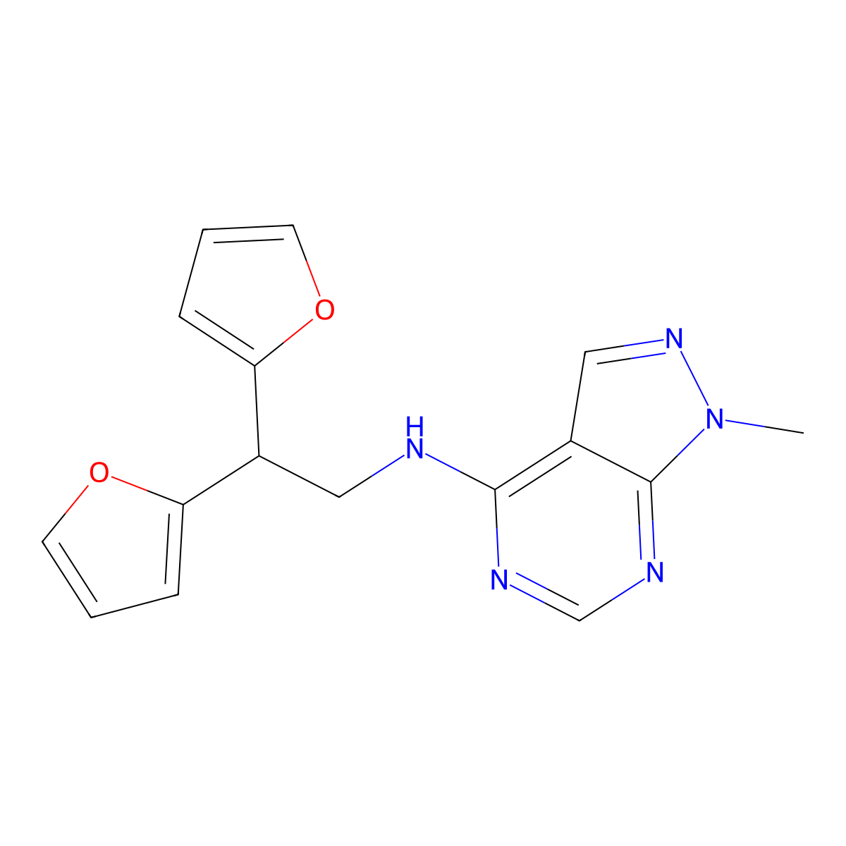 N-[2,2-bis(furan-2-yl)ethyl]-1-methyl-1H-pyrazolo[3,4-d]pyrimidin-4-amine molecular structure, CAS 2380186-35-4