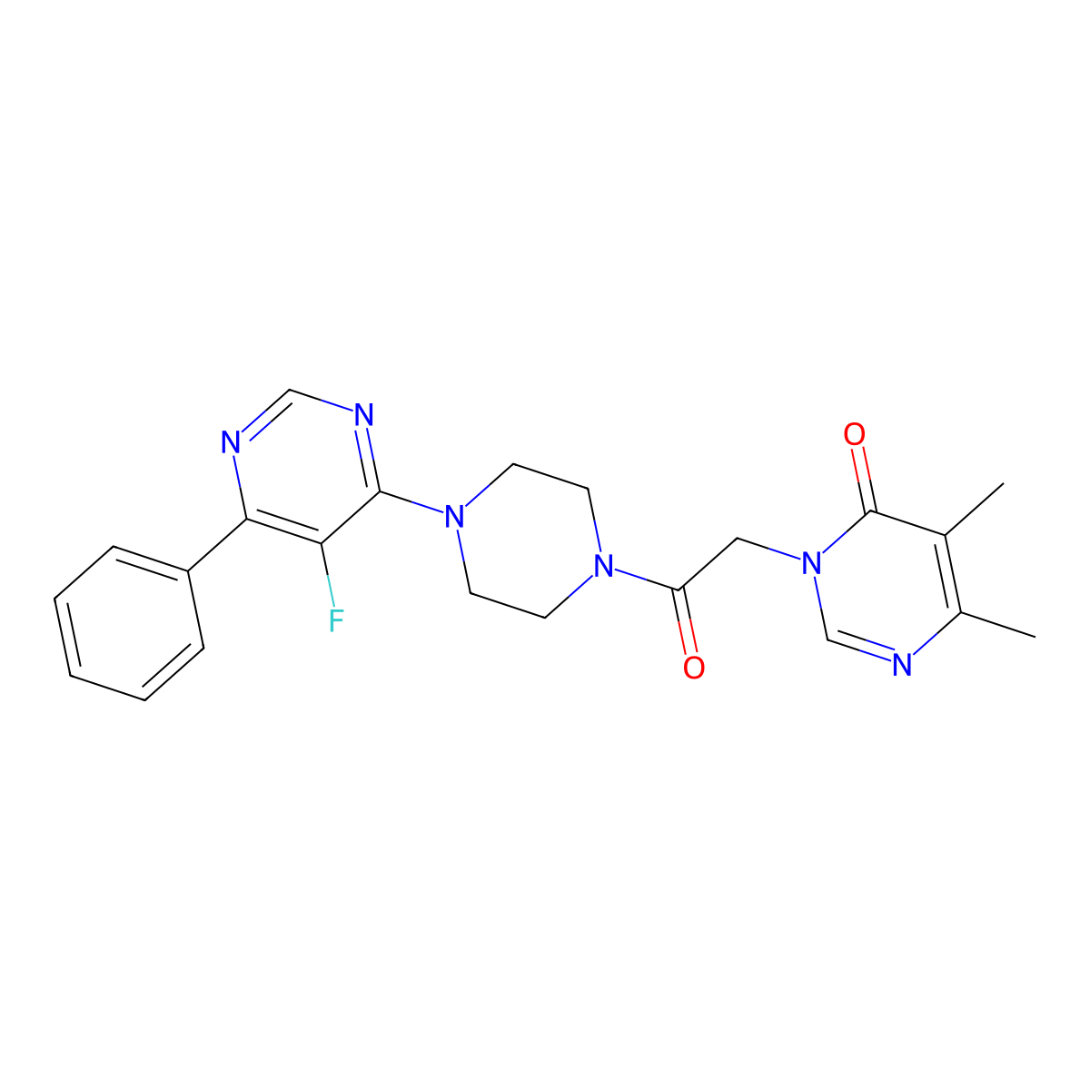 3-{2-[4-(5-Fluoro-6-phenylpyrimidin-4-yl)piperazin-1-yl]-2-oxoethyl}-5,6-dimethyl-3,4-dihydropyrimidin-4-one molecular structure, CAS 2380186-49-0