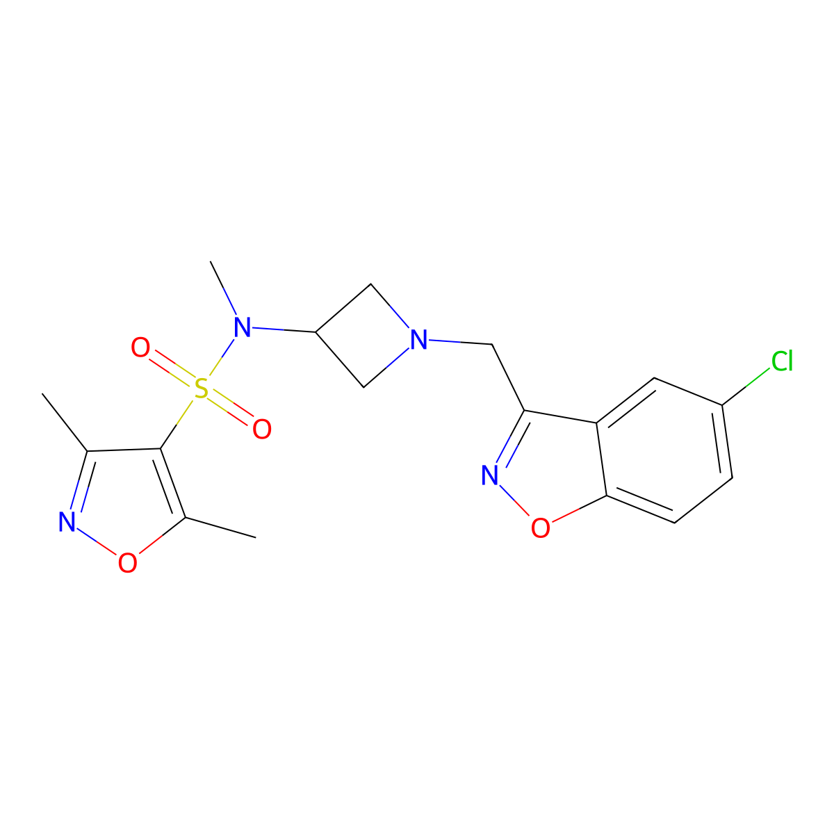 N-{1-[(5-chloro-1,2-benzoxazol-3-yl)methyl]azetidin-3-yl}-N,3,5-trimethyl-1,2-oxazole-4-sulfonamide molecular structure, CAS 2380186-54-7
