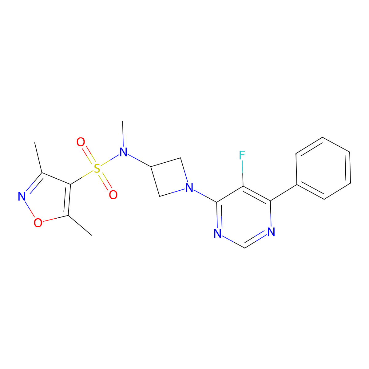 N-[1-(5-Fluoro-6-phenylpyrimidin-4-yl)azetidin-3-yl]-N,3,5-trimethyl-1,2-oxazole-4-sulfonamide molecular structure, CAS 2380186-56-9