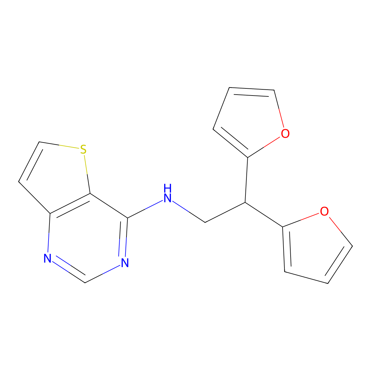 N-[2,2-Bis(furan-2-yl)ethyl]thieno[3,2-d]pyrimidin-4-amine molecular structure, CAS 2380186-64-9