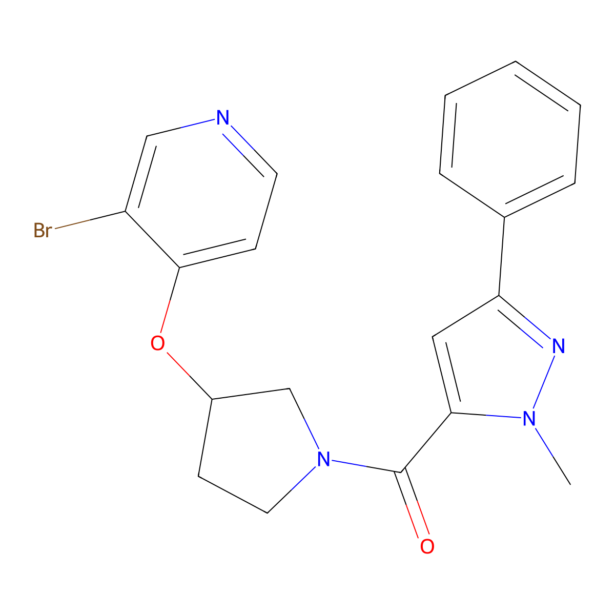 3-bromo-4-{[1-(1-methyl-3-phenyl-1H-pyrazole-5-carbonyl)pyrrolidin-3-yl]oxy}pyridine molecular structure, CAS 2380186-72-9