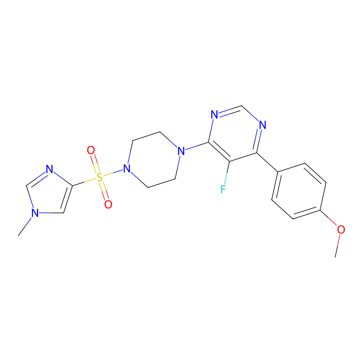 5-fluoro-4-(4-methoxyphenyl)-6-{4-[(1-methyl-1H-imidazol-4-yl)sulfonyl]piperazin-1-yl}pyrimidine molecular structure, CAS 2380186-83-2