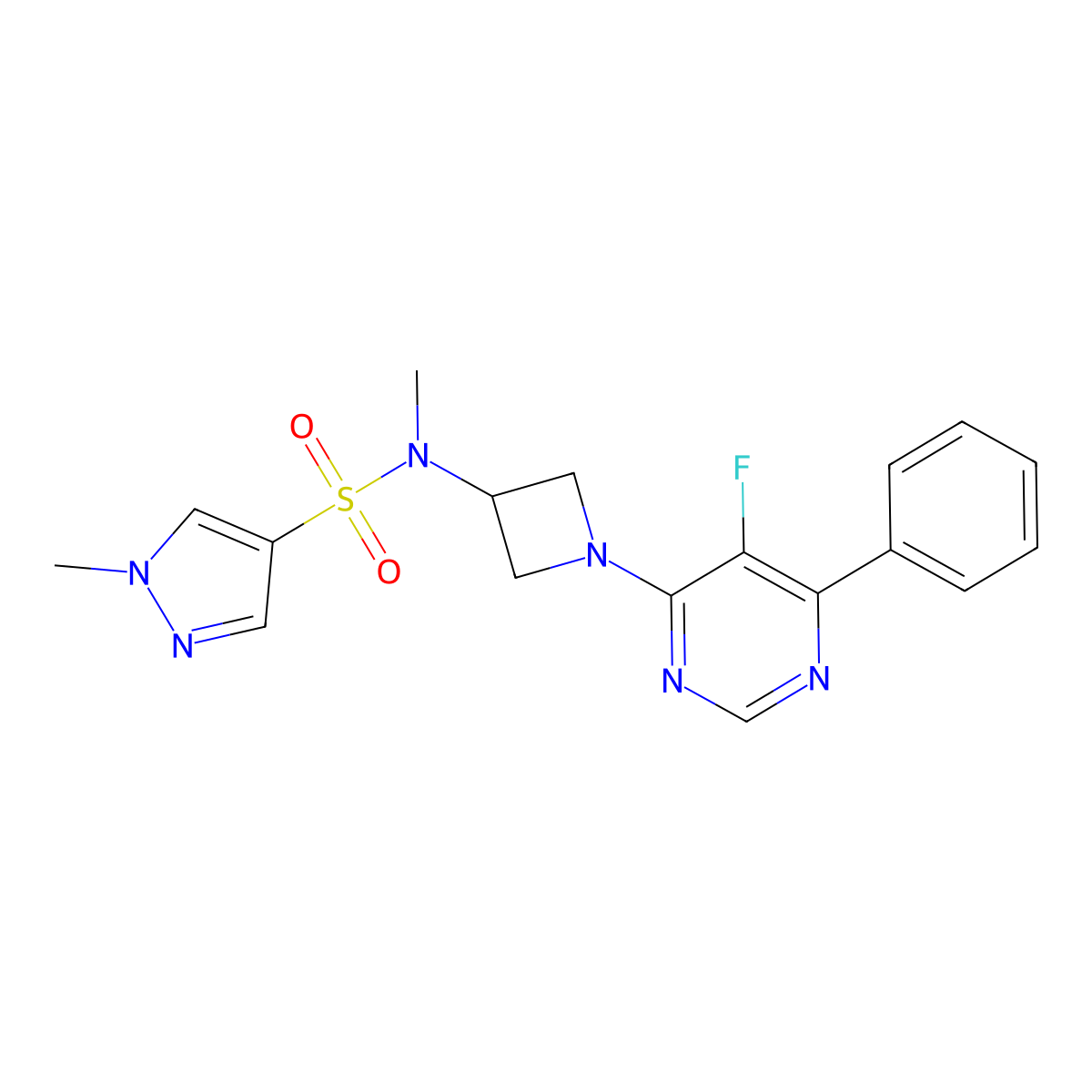 N-[1-(5-fluoro-6-phenylpyrimidin-4-yl)azetidin-3-yl]-N,1-dimethyl-1H-pyrazole-4-sulfonamide molecular structure, CAS 2380186-86-5