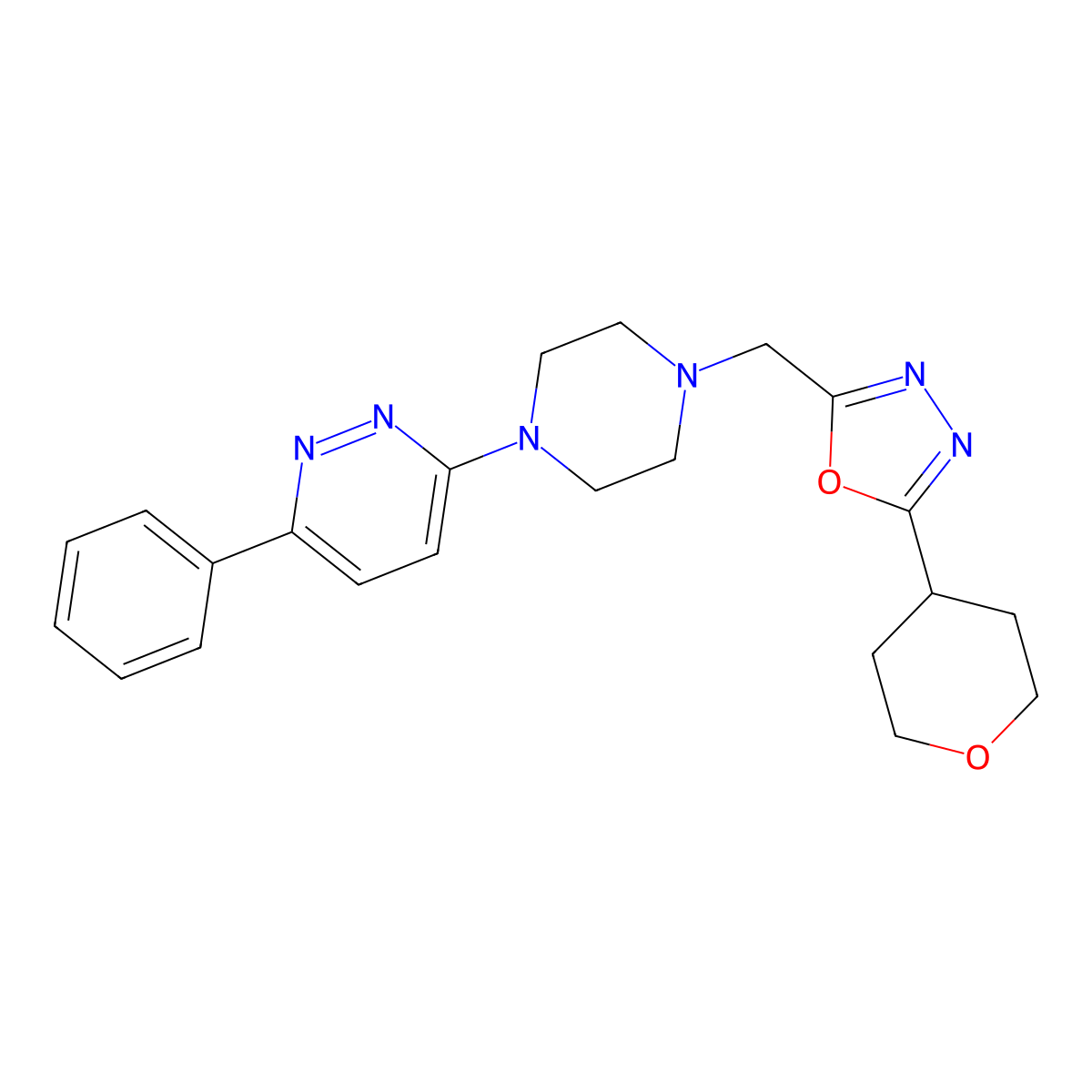 3-(4-{[5-(Oxan-4-yl)-1,3,4-oxadiazol-2-yl]methyl}piperazin-1-yl)-6-phenylpyridazine molecular structure, CAS 2380186-94-5