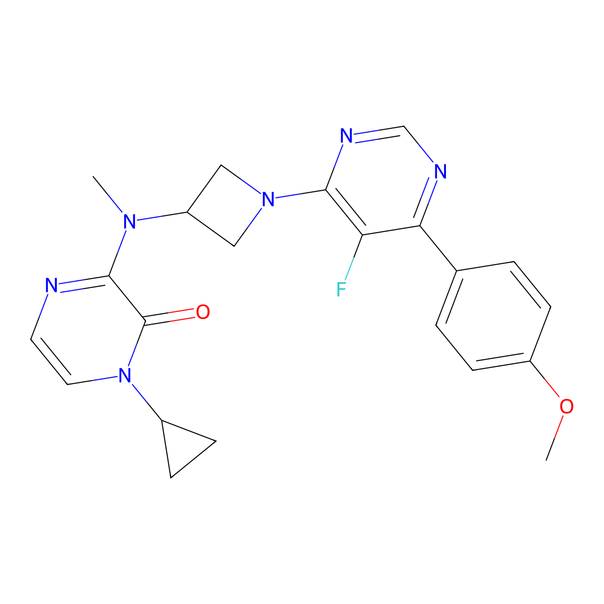 1-Cyclopropyl-3-({1-[5-fluoro-6-(4-methoxyphenyl)pyrimidin-4-yl]azetidin-3-yl}(methyl)amino)-1,2-dihydropyrazin-2-one molecular structure, CAS 2380187-02-8