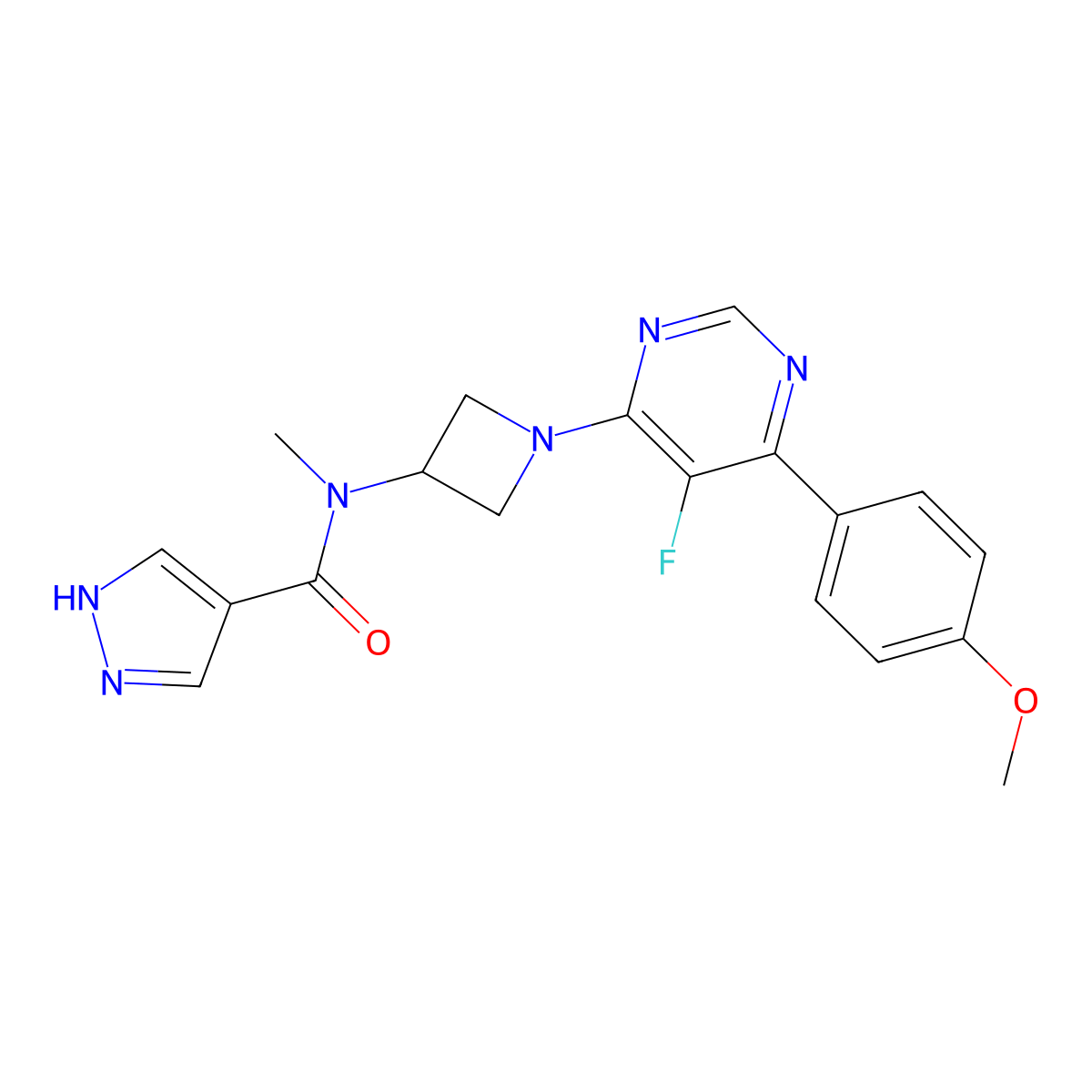 N-{1-[5-fluoro-6-(4-methoxyphenyl)pyrimidin-4-yl]azetidin-3-yl}-N-methyl-1H-pyrazole-4-carboxamide molecular structure, CAS 2380187-03-9